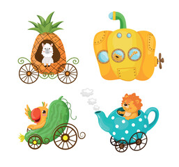Naklejka premium Vector set of cute animal characters riding imaginative vehicles shaped like a pineapple carriage, pepper submarine, cucumber car and teapot cart for children design.