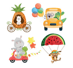 Naklejka premium Vector collection of cute animal characters on imaginative vehicles including pineapple carriage, car, scooter and watermelon parachute for kids design.