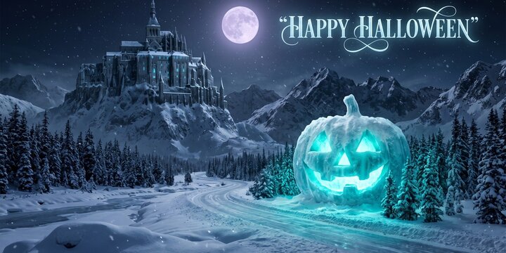 Happy halloween greeting banner featuring glowing blue ice pumpkin jack-o-lantern and snowy castle