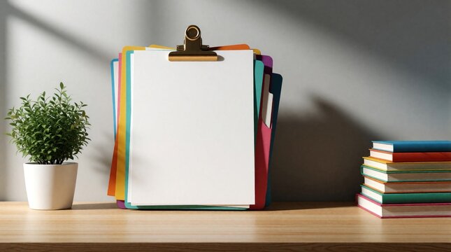 Modern workspace on wooden desk featuring stacked folders with clipboard. Blank white document ready for paperwork. Leaves. office organization, neat files