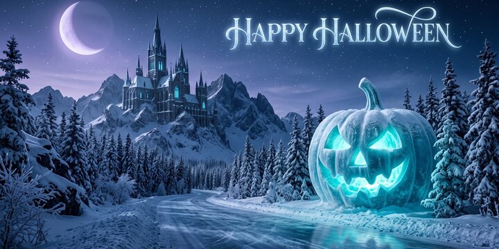 Happy halloween spooky night scene with glowing ice pumpkin jack o lantern and castle under crescent