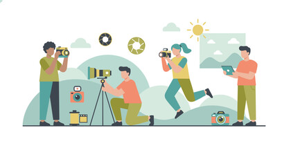 Fototapeta premium Diverse group of professional photographers using various cameras and tripods to capture images in a scenic outdoor landscape.
