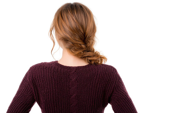 Elegant braided hairstyle on a woman in a burgundy sweater isolated on transparent background. Woman with neat bun hairstyle wearing burgundy knitted sweater isolated on white background.