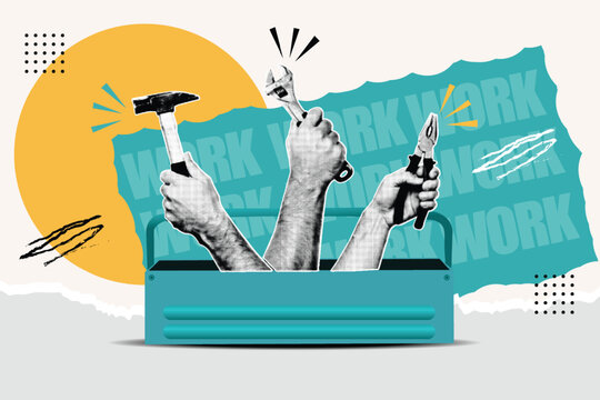 Halftone Pop Art Collage with Hands Holding Hammer, Wrench, and Pliers from Toolbox. Work Typography for Construction and Repair Concept. Retro Comic Style Illustration