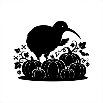Cute kiwi bird peeking around halloween pumpkin silhouette with curious expression
