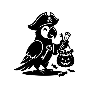 Happy pirate parrot holding trick or treat pumpkin basket silhouette