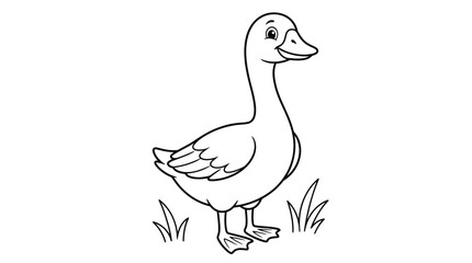 Simple line art drawing of a cute little goose standing in the grass for children coloring book © GDRAMJAN2.0