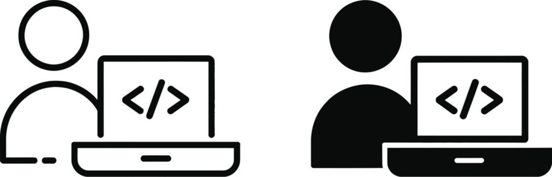Programmer icon featuring coding, software development, developer workspace, programming, and editable flat vector clipart illustration.