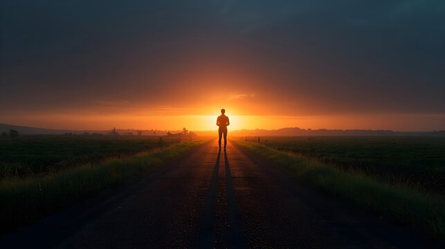 Man Standing Alone on Rural Road at Sunrise Concept of Life Decision and Future