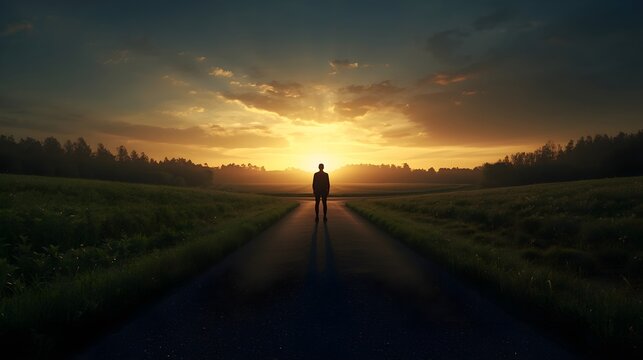 Silhouette of Man Standing on Open Country Road Facing Golden Sunrise Horizon