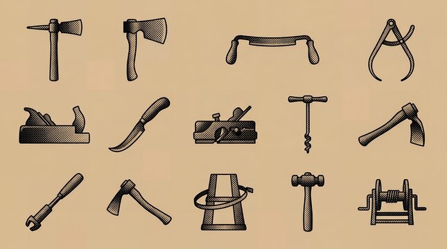 Set of halftone antique woodcraft tools featuring axes gauges and planes in black on a beige background for professional carpentry.