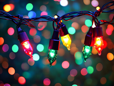 Vibrant holiday string lights in red, green, and yellow against a glowing bokeh background, creating a festive and abstract visual effect.