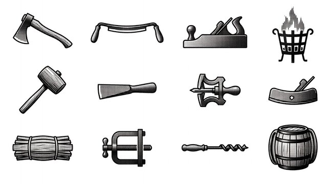 Set of halftone retro woodworking tools featuring planes axes and barrels in black on a beige background for artisanal projects.