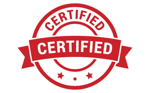 Red certified stamp badge icon with ribbon for business quality assurance and professional verification sign