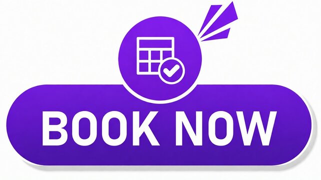 Modern purple book now button with calendar icon and checkmark
