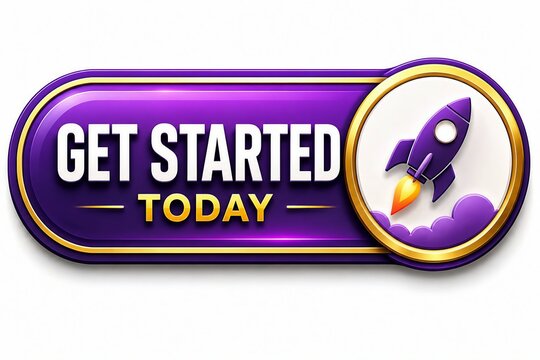 Purple futuristic get started today button with rocket icon
