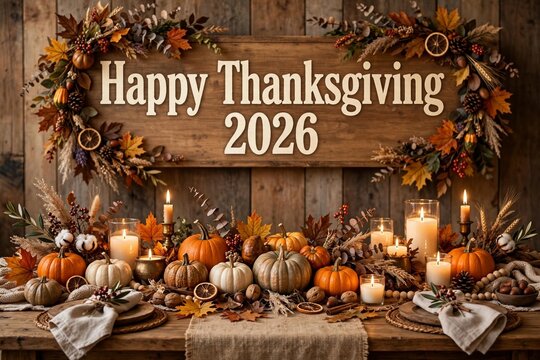 Cozy Candlelit Autumn Table Happy Thanksgiving 2026 Wood Sign with Pum