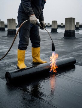 Pro roofer installs bituminous waterproofing membrane on flat roof. Worker uses propane gas torch to melt asphalt roll for sealing. Construction man wears yellow boots, safety gear during building