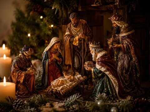 Epifan&iacute;a del Se&ntilde;or: Detailreiche Krippenfiguren mit Maria, Josef, Jesuskind und den Heiligen Drei K&ouml;nigen. Festliche Weihnachtsdekoration mit religi&ouml;ser Bedeutung in Spanien.