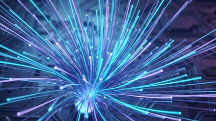 Fototapeta premium Fiber optic cables bursting outward with glowing blue and pink light beams representing high speed data transmission fiber optics glow fibers technology background optical cables network connecti