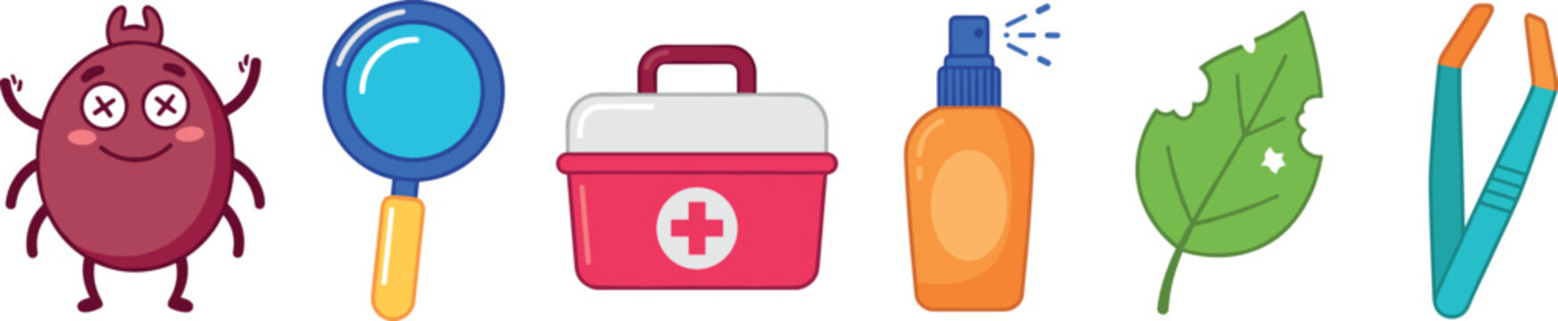 First Aid and Bug Bite Prevention Sticker Set Featuring Cartoon Tick Mascot Magnifying Glass Medical Box Repellent Spray Bitten Leaf and Tweezers Graphics