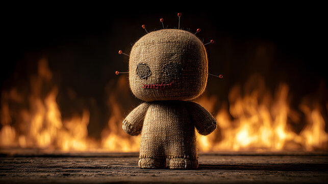 Voodoo doll in front of fire