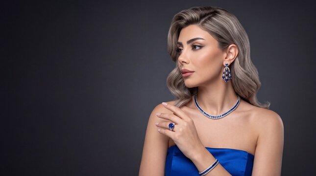 Luxury jewelry advertising banner with elegant woman wearing diamond blue sapphire gemstone jewelry set in blue corset dress, copy space