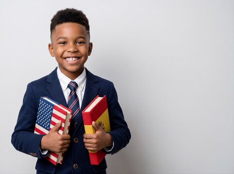 Smiling African American boy in school uniform holding USA and Spanish flag books on neutral background. Education and language learning concept. Studio portrait for international education campaign