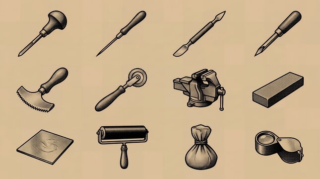 Antique leathercraft and bookbinding tools collection featuring metal vice and textured roller.