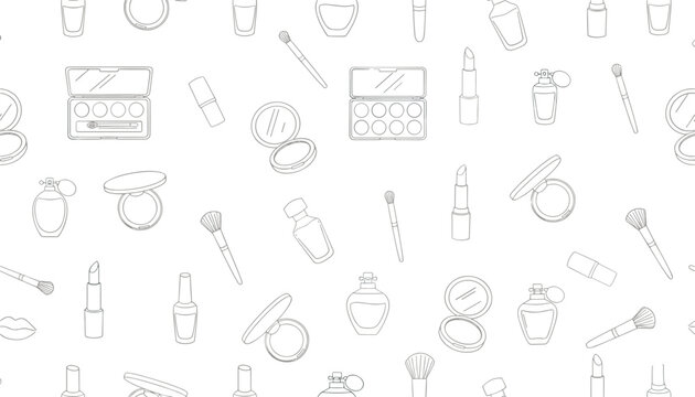 Seamless background pattern features various line art icons of cosmetics like lipstick, nail polish, perfume, and makeup brushes.