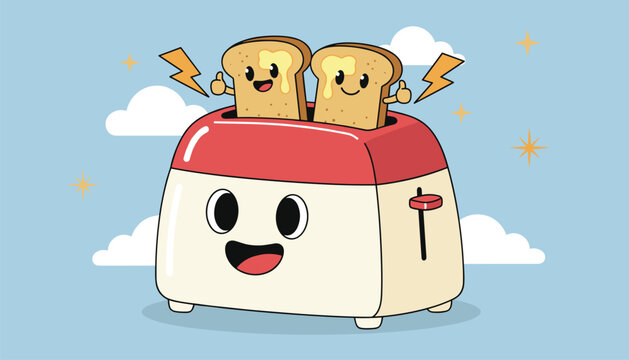 Cheerful cartoon character of red and white toaster with two smiling buttered toast slices popping up for a happy morning breakfast.