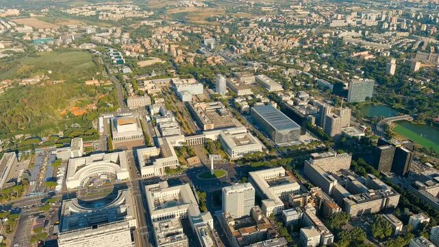 Rome, Italy. The Marconi Obelisk, a 45-meter Carrara marble-clad monument at the center of Piazza Guglielmo Marconi in the EUR district, Drone footage under clear daylight. Drone footage, Point of in