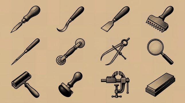 Assorted bookbinding and printmaking tools including dividers and bone folder for traditional paper crafts.
