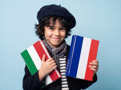 Artistic boy in a beret holding French and Italian flag books on neutral blue background. School education and language learning concept. Studio portrait for international education campaign