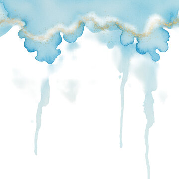 Fluid cerulean and sky-blue watercolor wash with organic blooms and gold glitter diffusing on white cold-press paper texture, creating a serene artistic composition