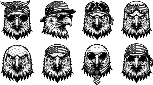 Set of bald eagles with american flag elements, sunglasses, bandanas and caps