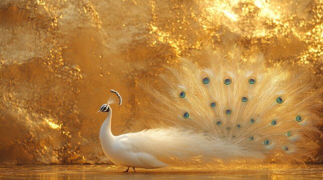 Majestic white peacock displaying its feathers against a golden backdrop during the golden hour near a reflective surface