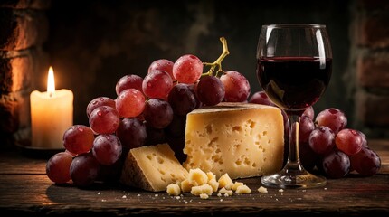 Fototapeta premium Gourmet cheese platter with red grapes, wine glass, and lit candle on wooden table. Artisanal food and drink for cozy evening celebration with rustic ambiance.
