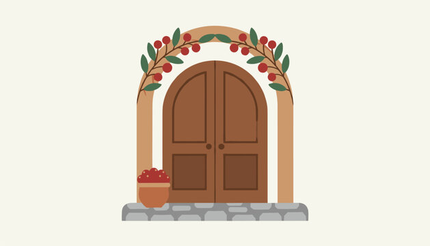 Brown arched wooden double door decorated with a festive wreath made of green leaves and bright red berries.