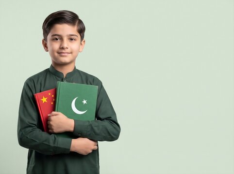 Faithful boy holding Pakistan and Chinese flag books on light green background. School education and language learning concept. Studio portrait for international education campaign