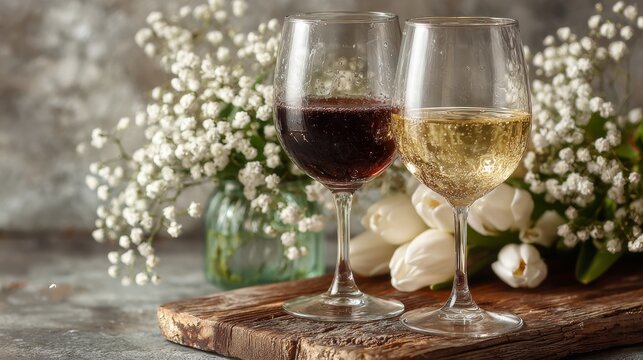 Red wine and cheese with white flowers on a decorated table, elegant dining scene, cozy celebration, romantic dinner, wine night.