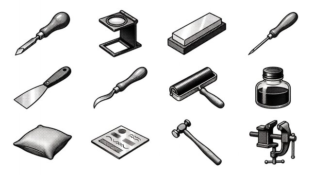 Set of printmaking tools with linocut chisels brayer roller and ink bottle for woodblock art.