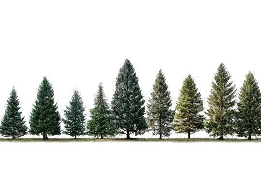 Serene snow-covered evergreen forest isolated on transparent background. Row of green fir trees with snow at base isolated on white background.