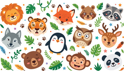 Obraz premium Cute cartoon wild animals character heads set with tropical jungle leaves and forest friends isolated on white background vector illustration