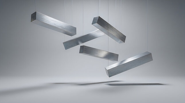 Abstract suspended brushed metal cuboid bars in a clean studio setting