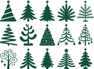 Obraz premium Set of flat green vector christmas tree icons for holiday design projects