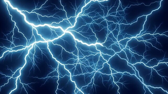 Intense blue lightning bolts striking across a dark stormy sky, high voltage electrical discharge background 4k video