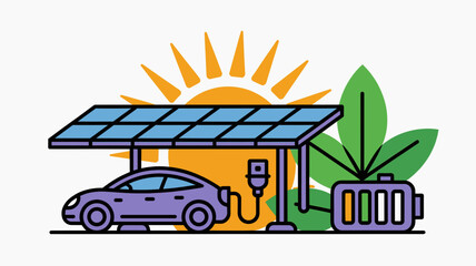 Naklejka premium Solar powered EV charging station vector illustration, electric car charging with solar panels and battery storage, green energy concept