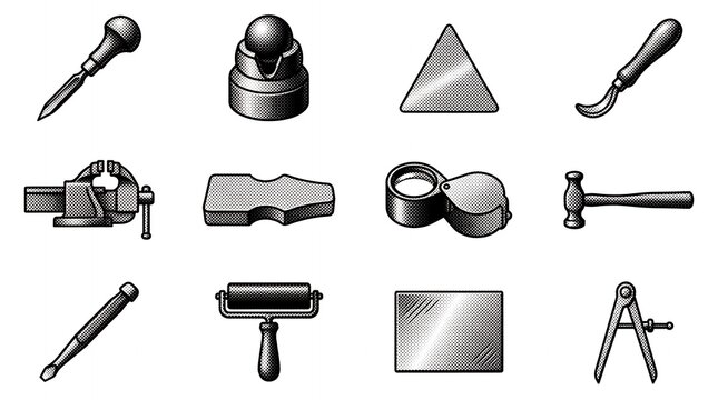 Professional printmaking and workshop tool icons in black halftone style for industrial and creative art themes.