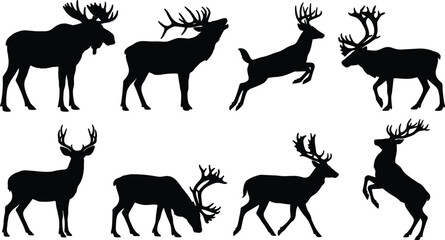 Naklejka premium Black silhouette vector set of forest wildlife including deer, moose, elk, and reindeer in various poses